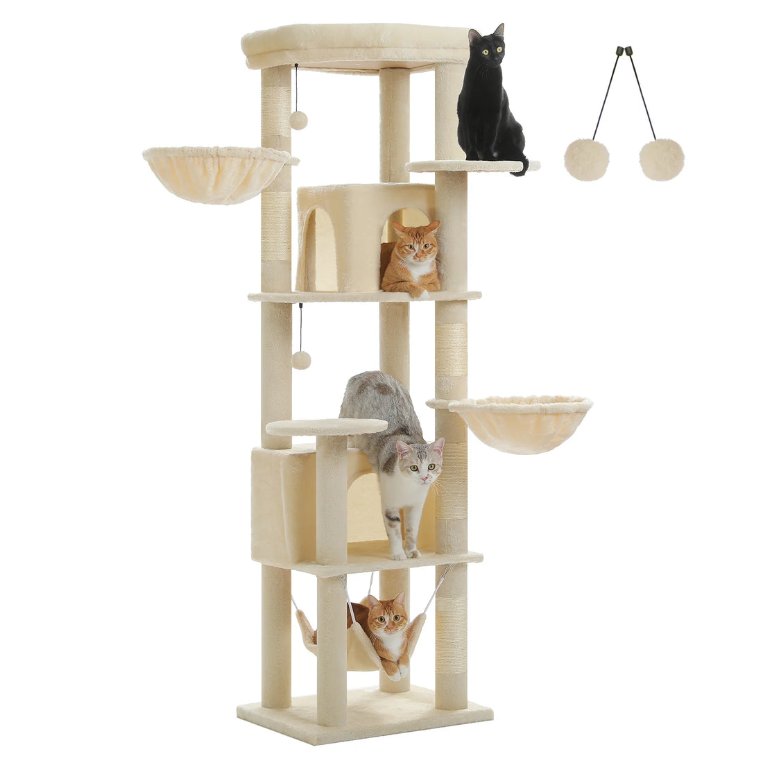 Arbre à chat beige sur fond blanc avec chat noir au sommet, chats roux en niche et hamac, chat tigré et deux pompons