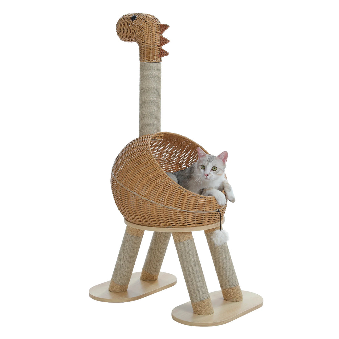 Chat gris et blanc installé dans le panier du dinosaure en rotin, pompon blanc suspendu, sur fond blanc