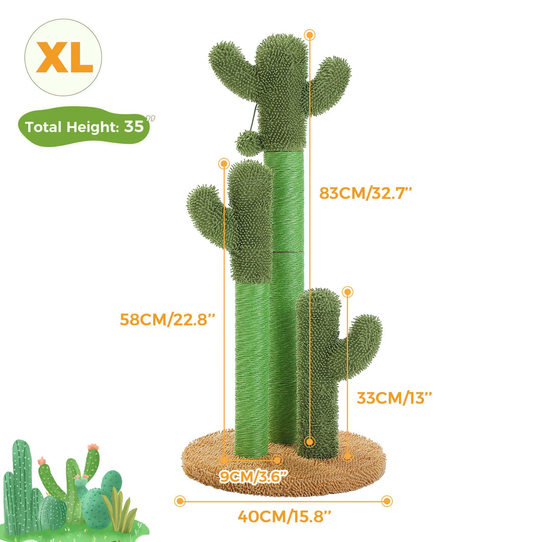 Schéma des cotes du griffoir cactus XL : hauteur 83 cm, poteaux de 58 et 33 cm, base de 40 cm