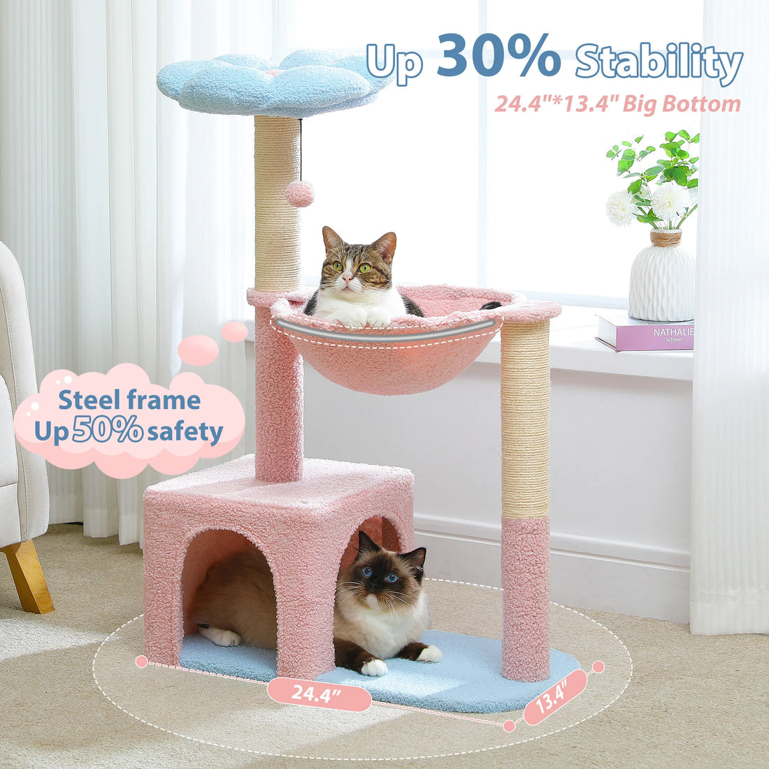 Arbre à chat rose à structure en acier et base de 24,4 × 13,4 po