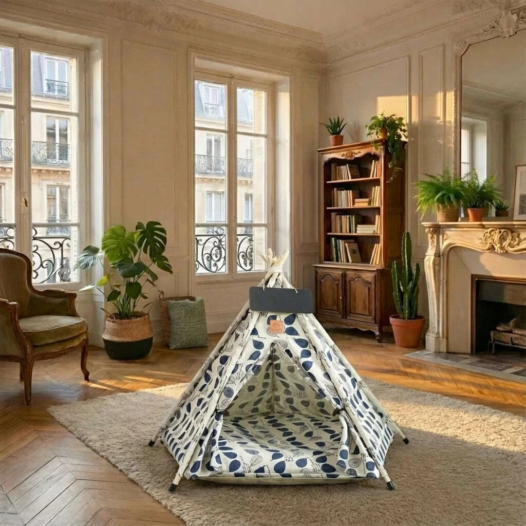 Tipi pour chat avec coussin de sol, placé sur un tapis dans un salon parisien à parquet en point de Hongrie
