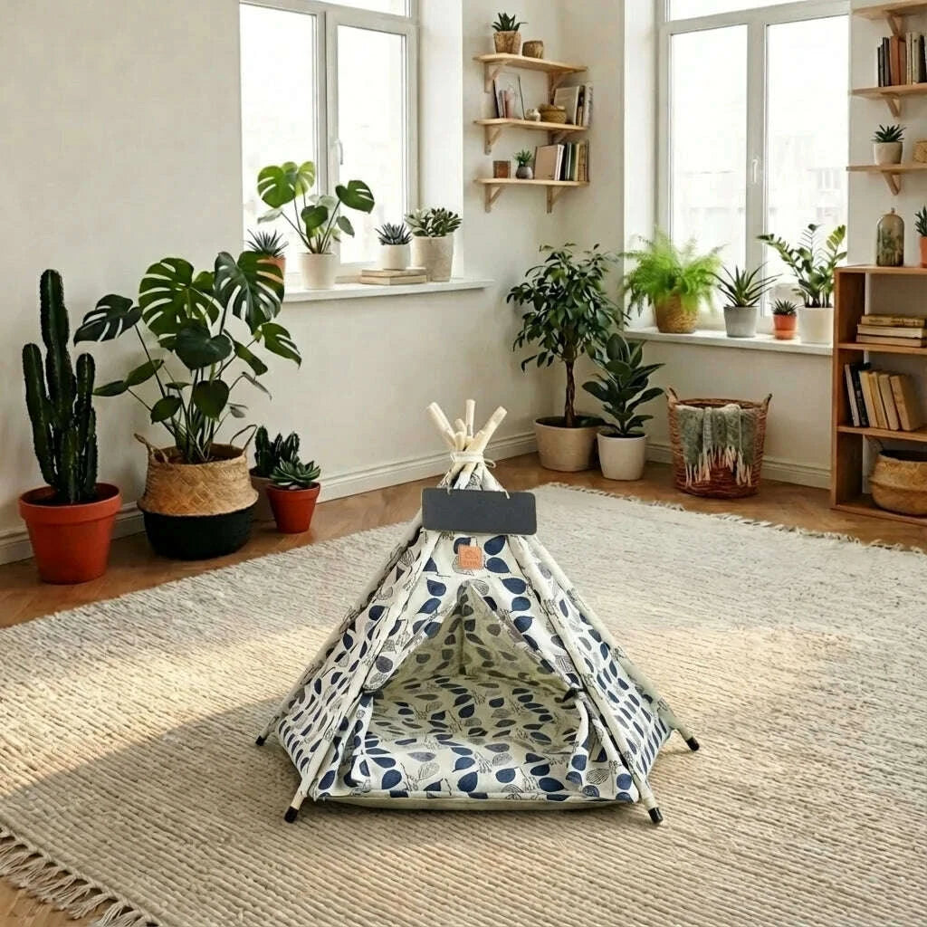 Cabane tipi vide en tissu à feuilles bleues avec coussin, posée sur un tapis dans un salon lumineux entouré de plantes