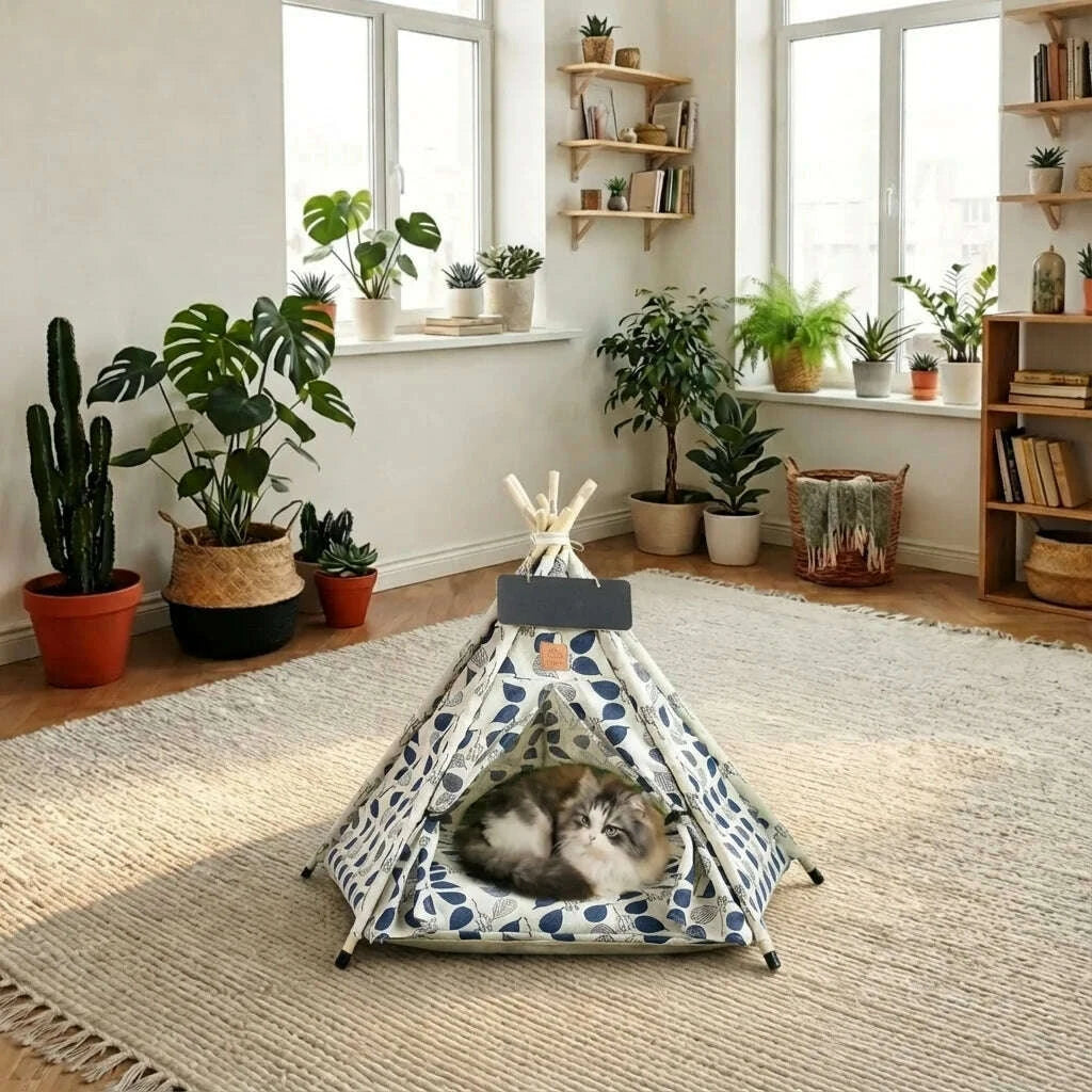 Chat au poil long gris et blanc couché dans un tipi à feuilles bleues