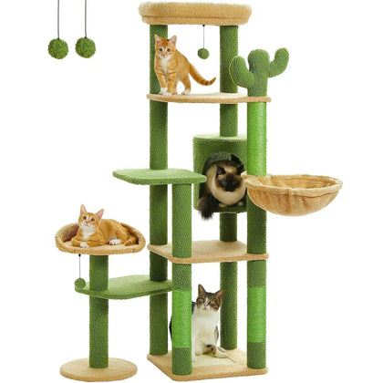 Arbre à chat vert foncé en forme de cactus, multi-niveaux, avec hamac, niche, plateaux et boules suspendues