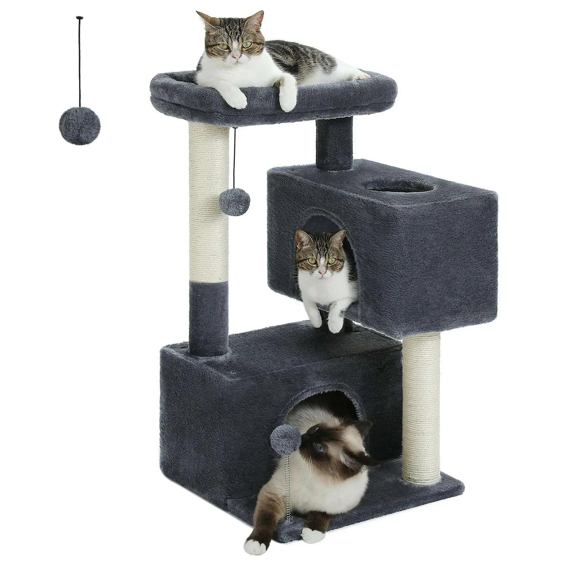 Griffoir tour gris anthracite à deux niches et hamac supérieur, avec trois chats et pompons suspendus