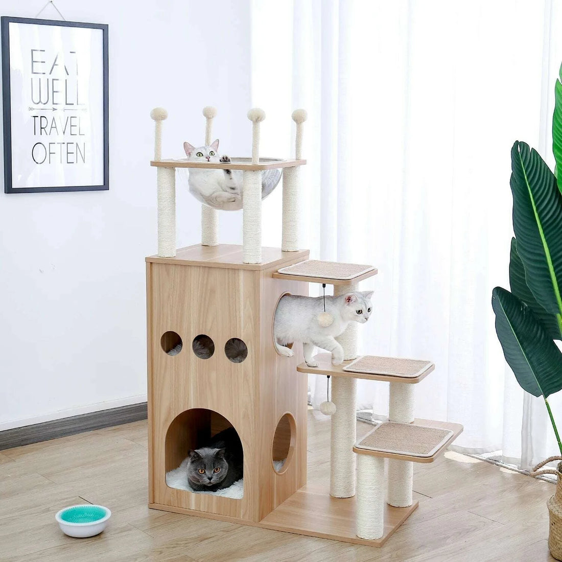 Trois chats sur un meuble de jeu en bois clair : un dans le hamac, un sur les marches, un gris dans la niche