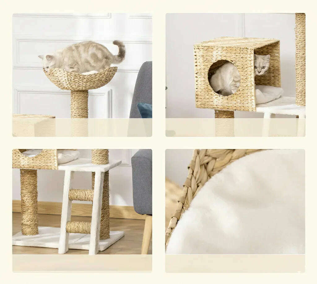 Quatre détails du meuble à chat : chat allongé dans le panier, chat dans la niche, échelle et coussin crème