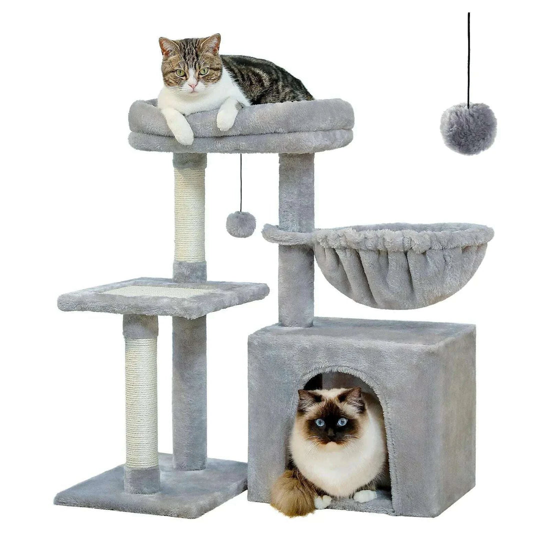 Arbre à chat compact gris clair avec hamac, niche et griffoirs en sisal