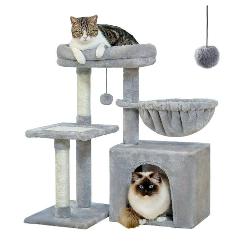 Arbre à chat compact gris clair avec hamac, niche et griffoirs en sisal
