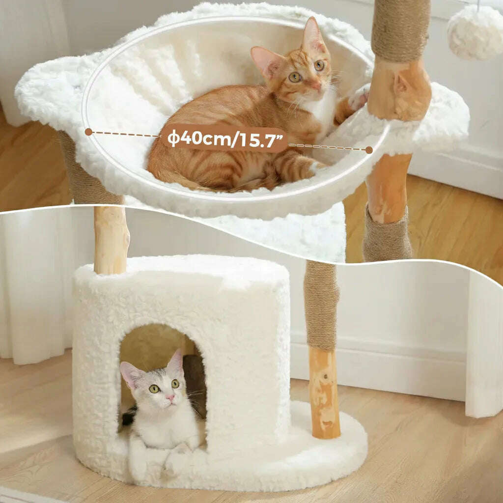 Hamac en peluche blanche de 40 cm où se repose un chat roux, niche moelleuse en dessous avec un chat