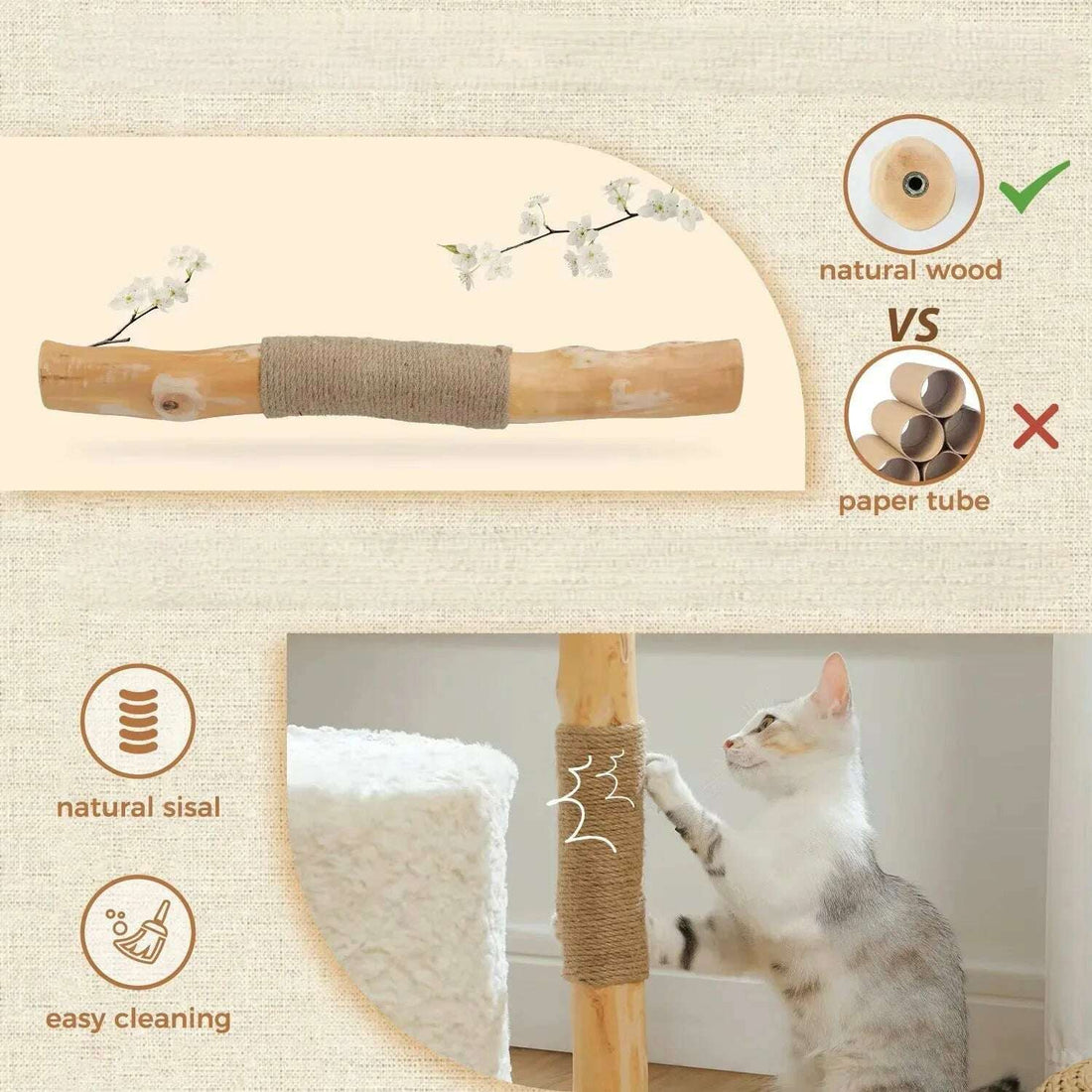 Branche en bois naturel enroulée de sisal, comparée à un tube en carton, chat blanc et gris qui se griffe