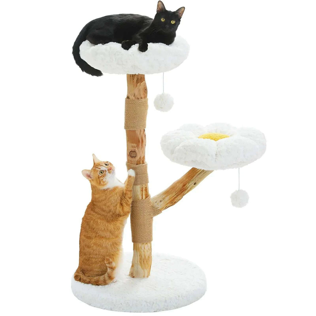 Arbre à chat en bois naturel avec deux coupoles en forme de fleur