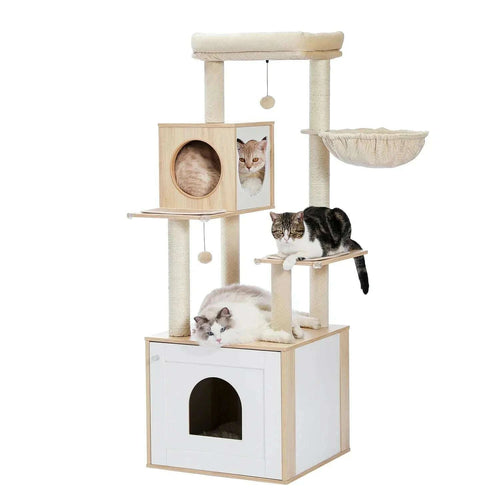 Arbre à chat en bois clair et blanc avec cache-litière, niche, hamac et deux chats sur fond blanc