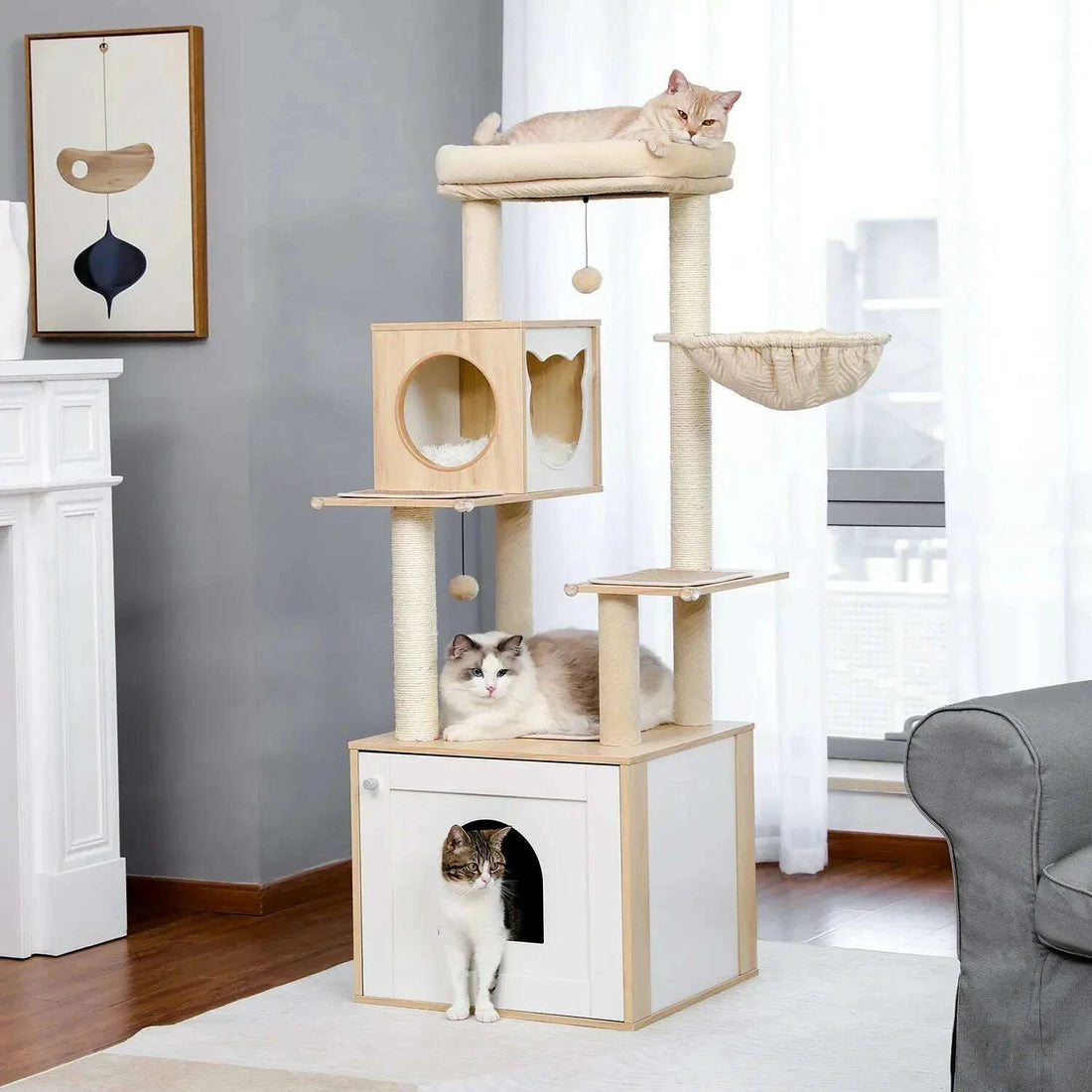 Meuble cache-litière surmonté d'un arbre à chat beige dans un salon, avec trois chats dont un à la porte