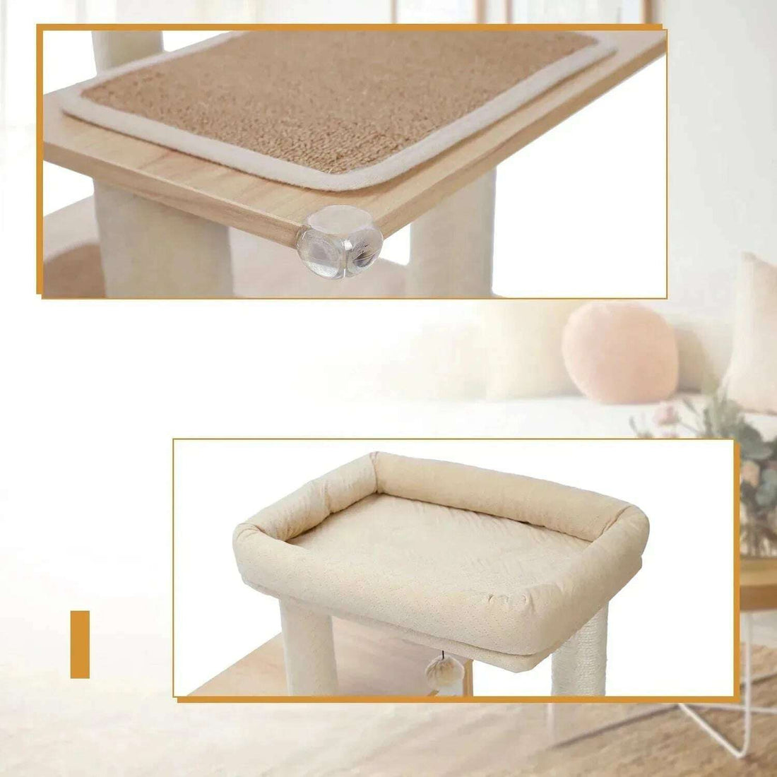 Gros plan sur un tapis à gratter avec coin transparent et sur le panier à bords rembourrés crème
