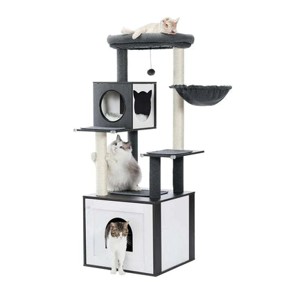 Arbre à chat gris anthracite et blanc avec maison-litière, hamac et trois chats installés