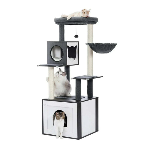 Arbre à chat gris anthracite et blanc avec maison-litière, hamac et trois chats installés
