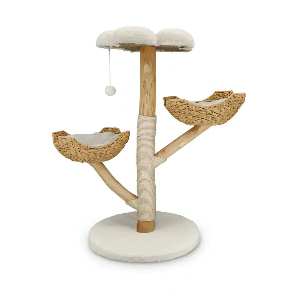 Arbre à chat en bois clair avec tronc en sisal, deux paniers tressés et plateau moelleux en forme de nuage