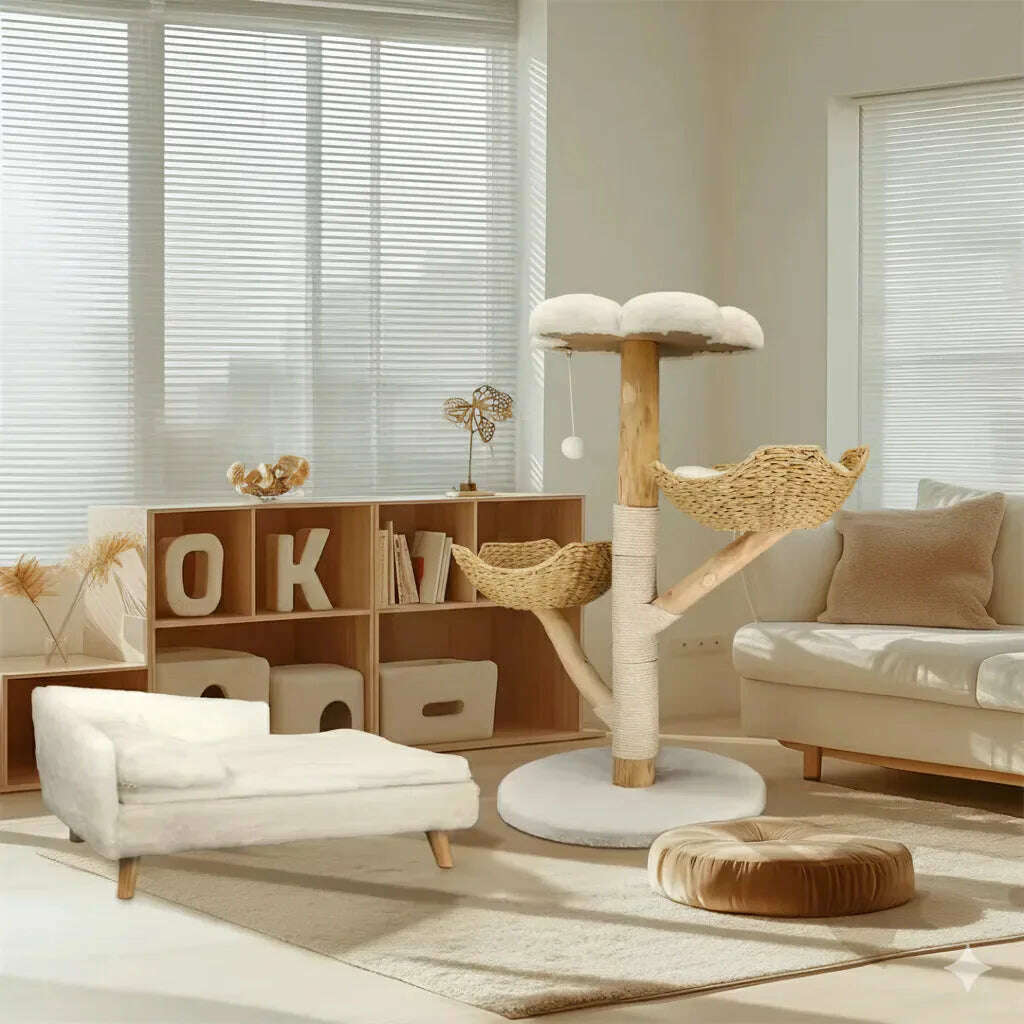 Grand meuble griffoir à plateau nuage et paniers en osier installé dans un salon clair près d'un canapé beige