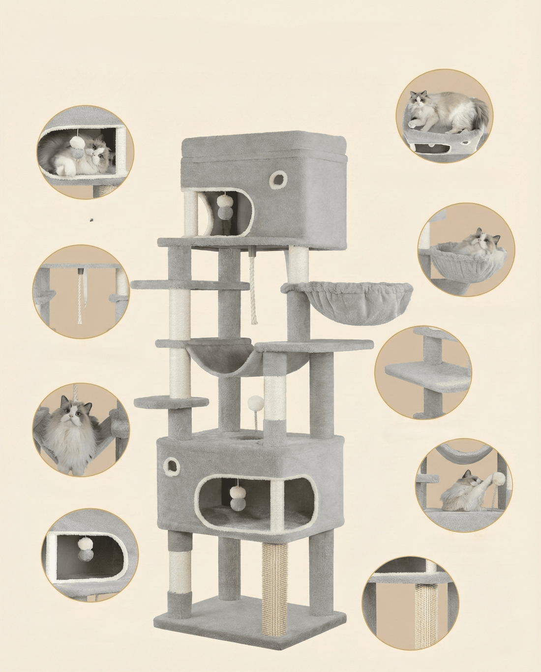 Arbre à chat gris entouré de nombreuses vignettes zoomant sur niches, hamacs, plateforme, corde, griffoir et chats