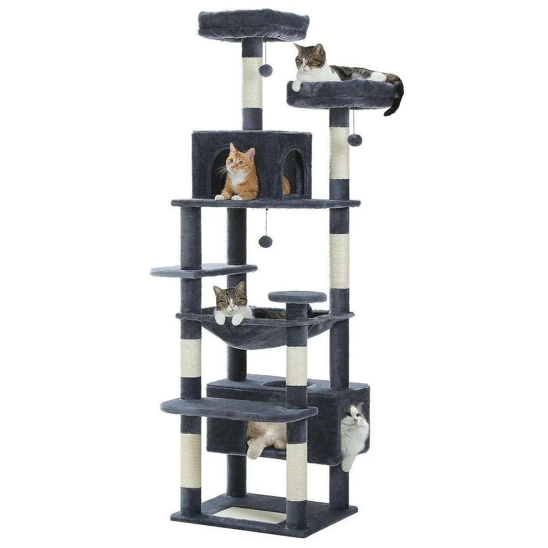 Grand arbre à chat gris anthracite à plusieurs niveaux avec niches, hamac et poteaux en sisal, chats installés