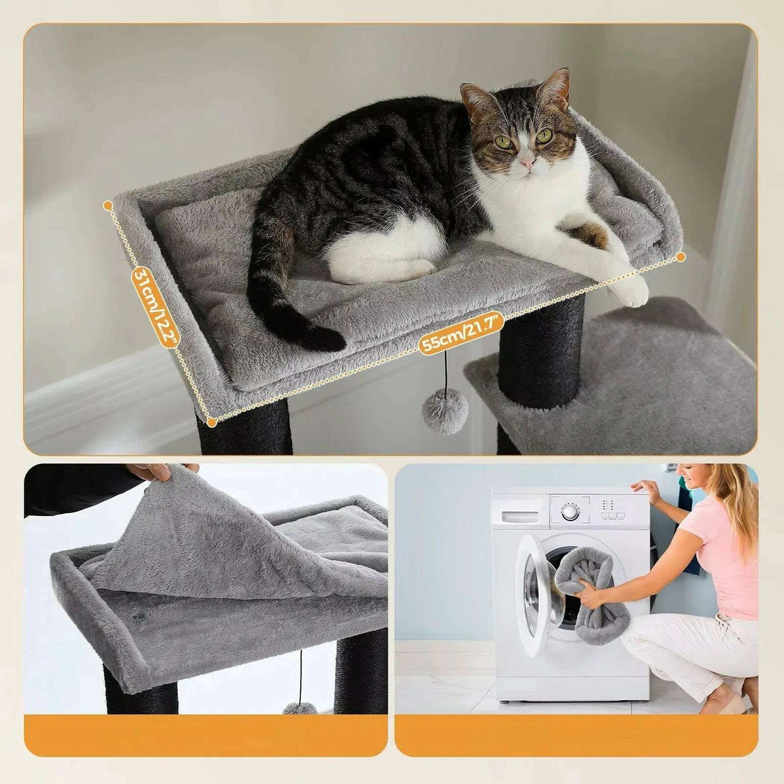 Plateforme grise d'observation de 55 × 31 cm avec chat tigré, coussin amovible et lavage en machine