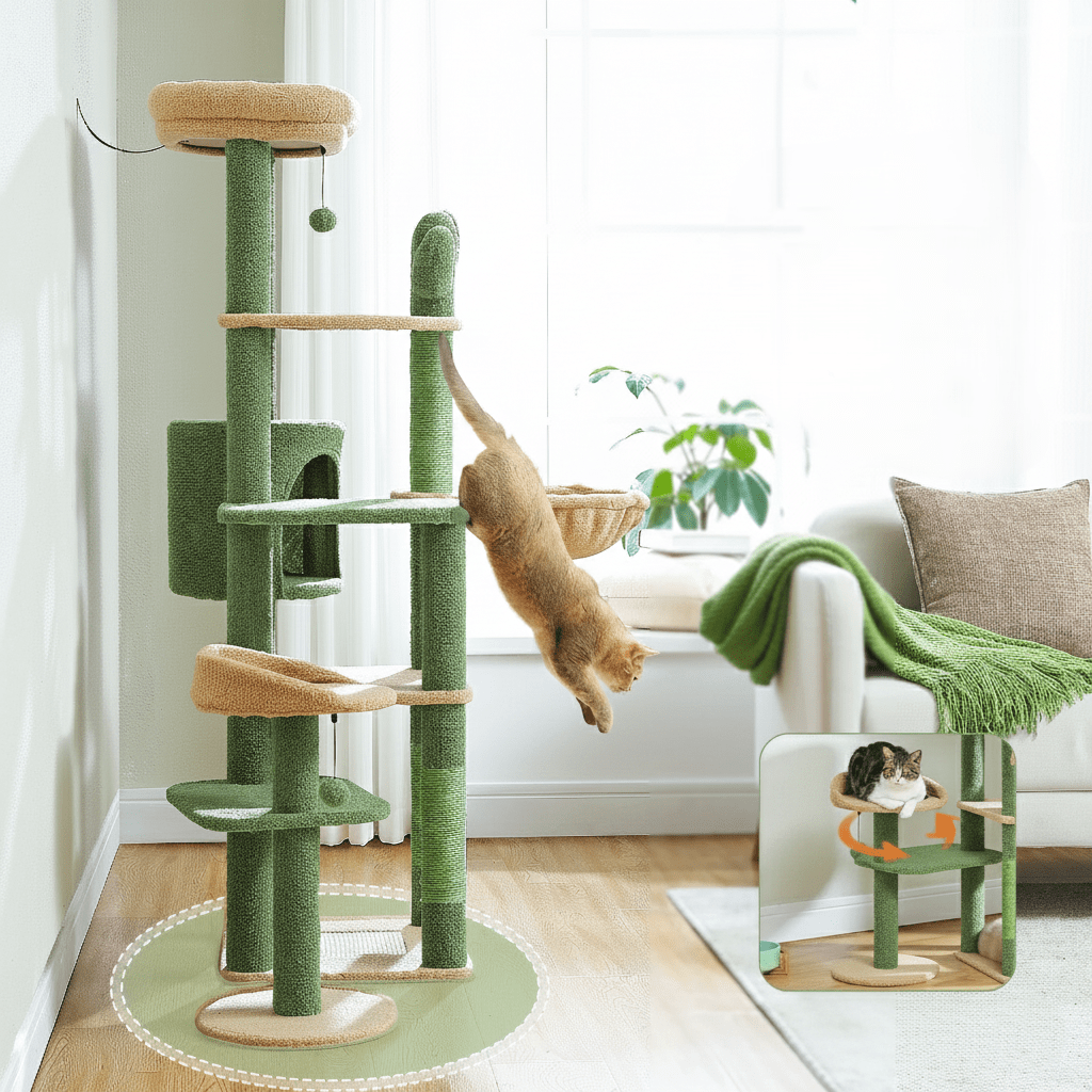 Chat en train de sauter depuis un plateau de la tour à chat verte, avec un encart sur le plateau pivotant