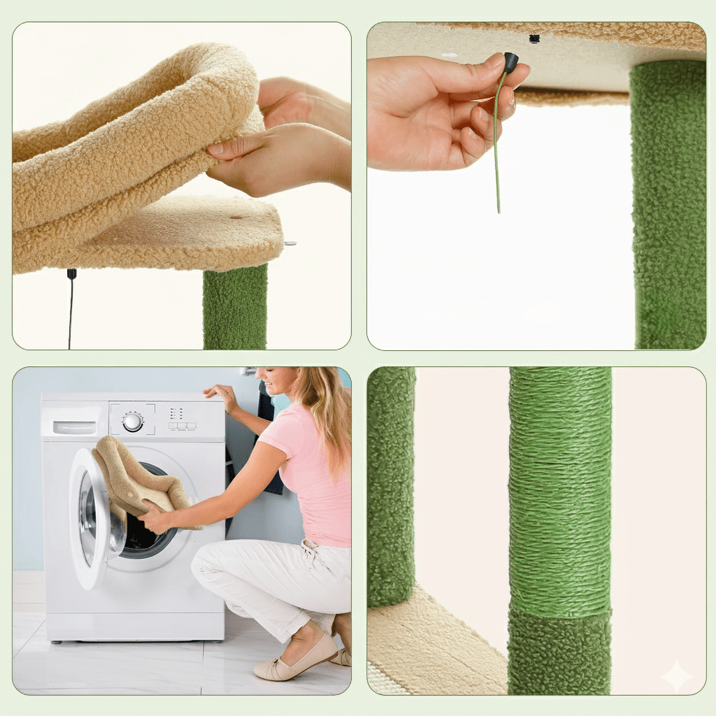 Quatre détails du meuble à chat : coussin amovible mis en machine, balle suspendue et poteau enroulé de sisal