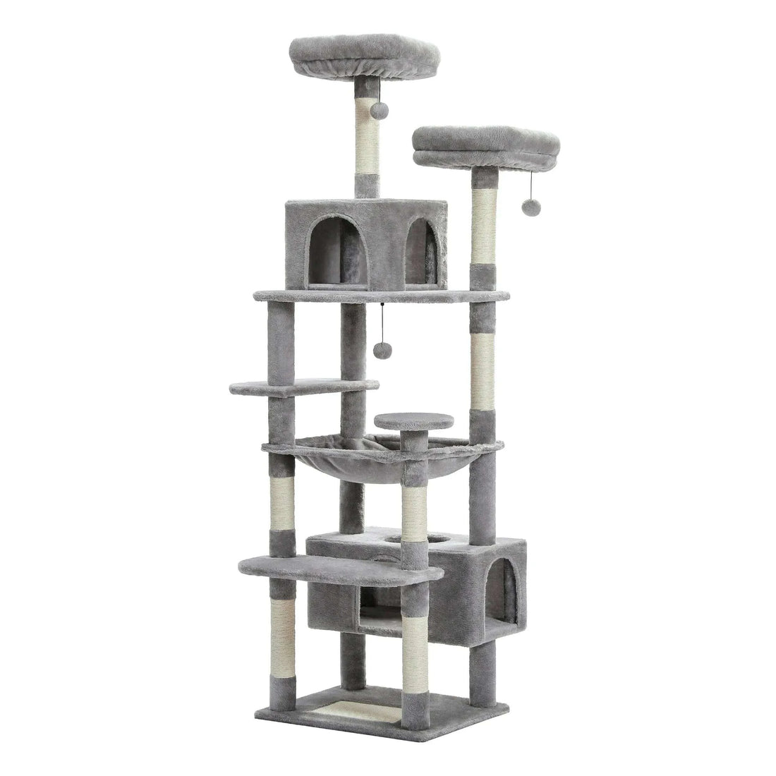 Grand arbre à chat gris sur fond blanc, avec deux plateformes, deux niches, un hamac et des poteaux en sisal