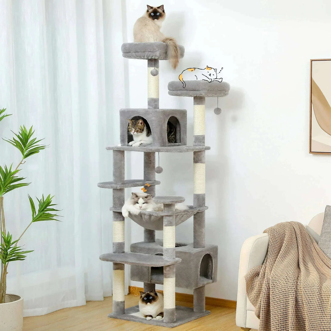 Large gray cat tree for Maine Coon, full view
