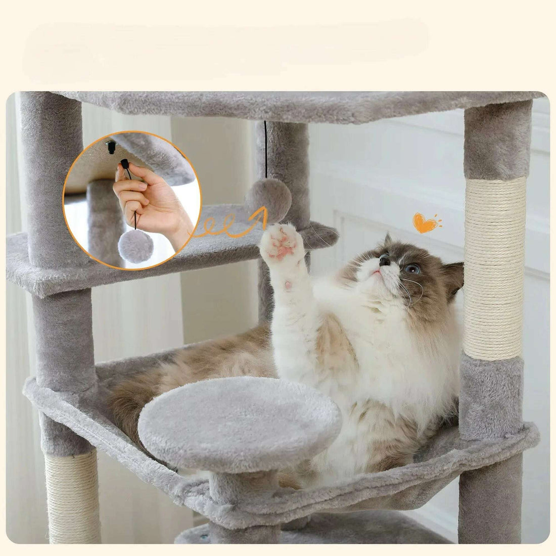 Large gray cat tree for Maine Coon, detail view