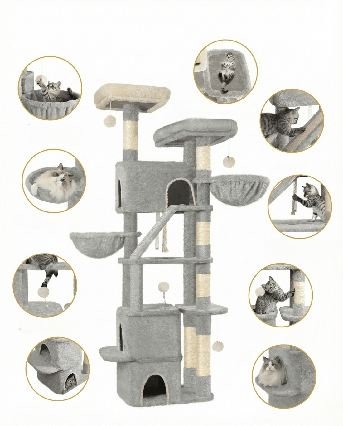 Montage de détails de l'arbre à chat : hamacs, échelle, corde, poteaux de sisal et chats qui jouent