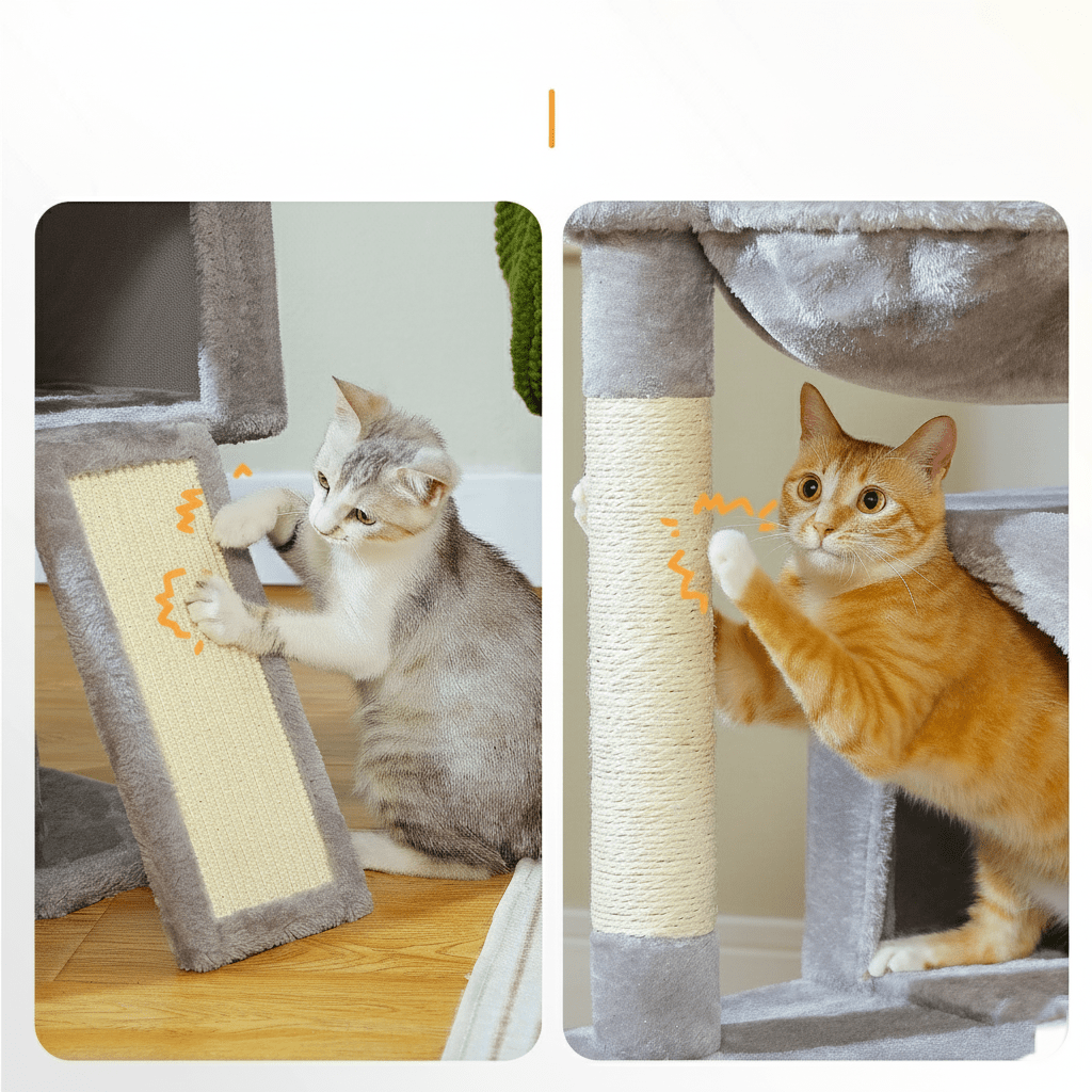Deux chats qui se font les griffes sur la rampe et le poteau en sisal d'un arbre à chat gris