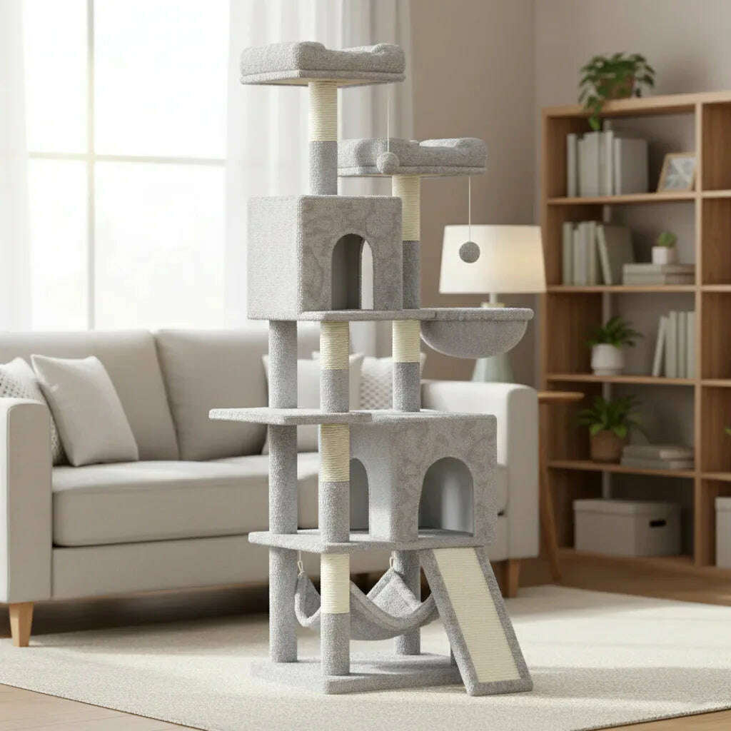 Arbre à chat gris à étages, hamac et rampe à griffer, installé devant un canapé clair et une bibliothèque en bois