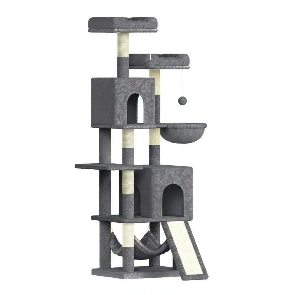 Arbre à chat gris foncé multi-niveaux sur fond blanc, avec deux niches, hamac, panier suspendu