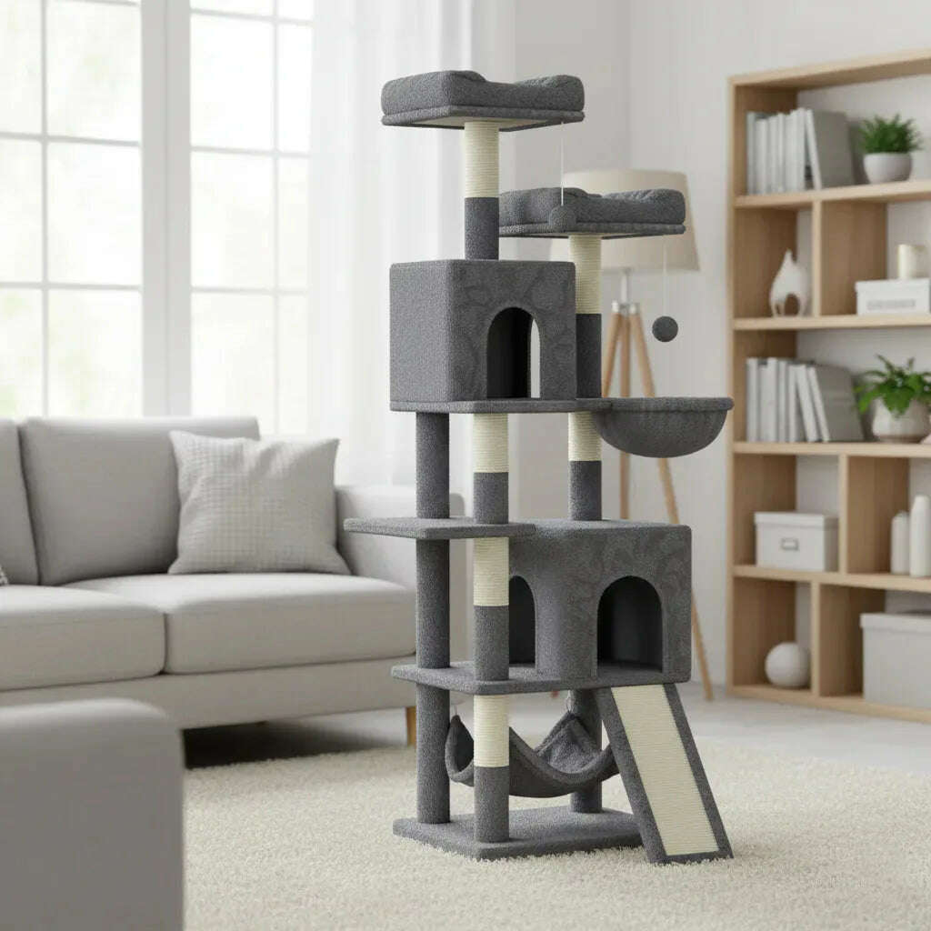 Tour à chat grise à plateformes, niches et hamac placée sur un tapis blanc dans un salon clair avec canapé gris et étagère