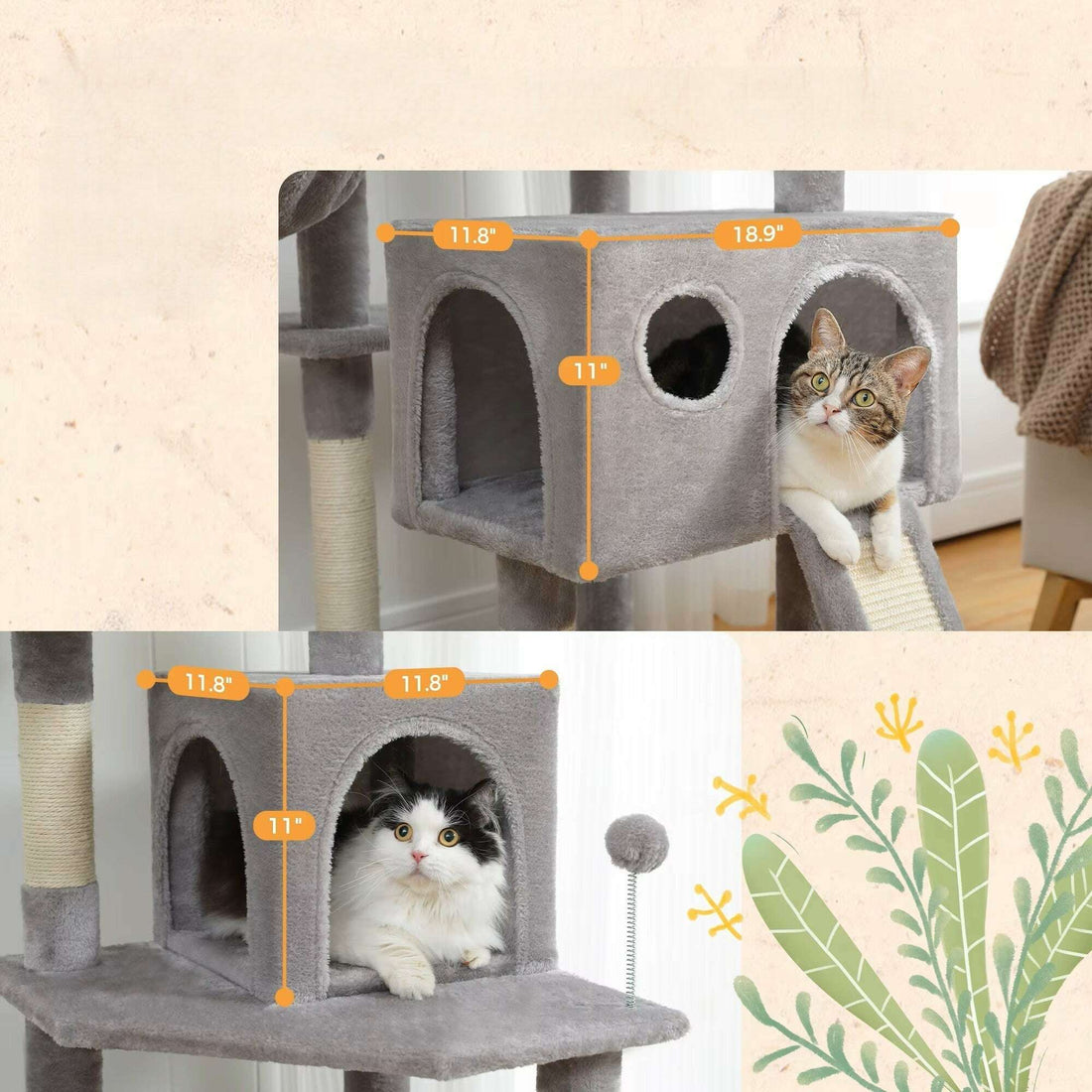 Cotes des niches grises en pouces : 11,8 × 18,9 × 11 et 11,8 × 11,8 × 11, avec chats à l'intérieur