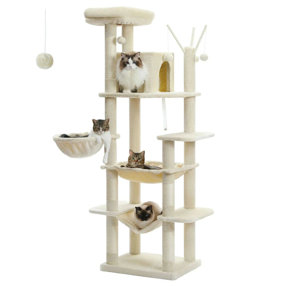 Arbre à chat XXL beige à plusieurs niveaux avec hamacs, niche et quatre chats installés dessus