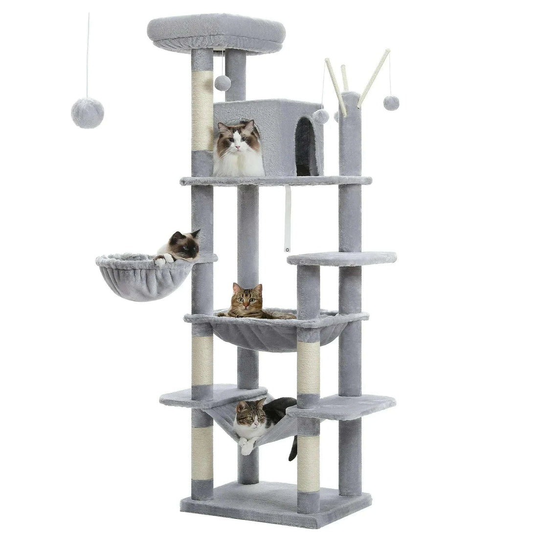 Arbre à chat gris clair avec niche, panier suspendu, hamacs et griffoirs en sisal, vu de face