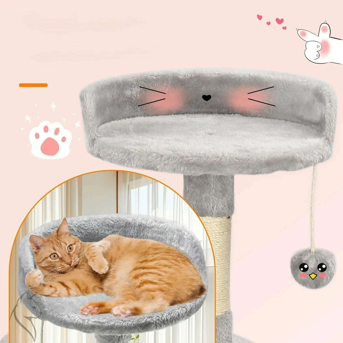 Détail du panier supérieur gris avec motif museau de chat, pompon suspendu et chat roux allongé dans l'assiette