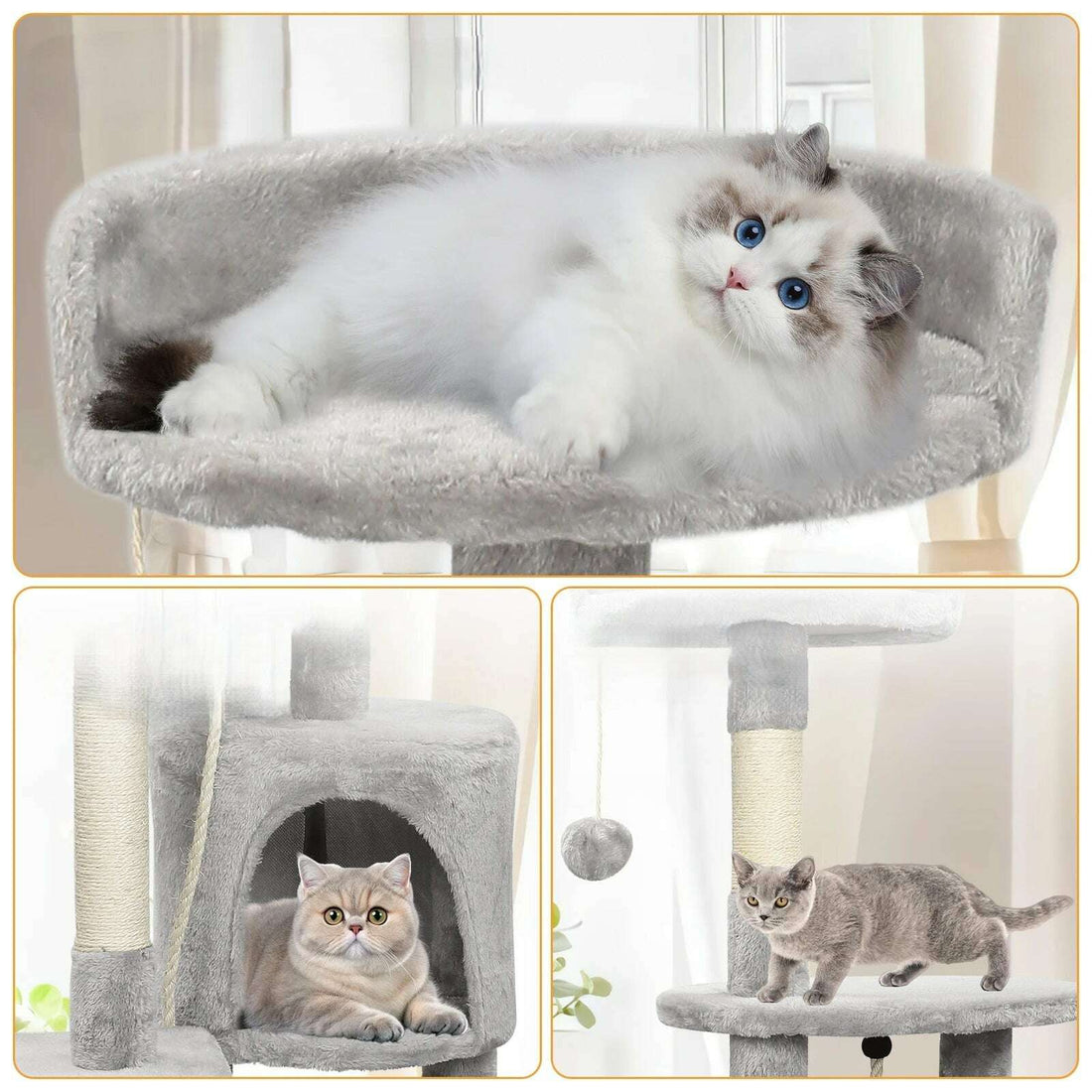 Trois vues d'un arbre à chat gris : ragdoll allongé sur le panier du haut, chat crème dans la niche