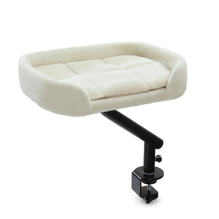 Coussin de bureau rotatif pour chat en peluche blanc crème avec bras noir et pince de fixation