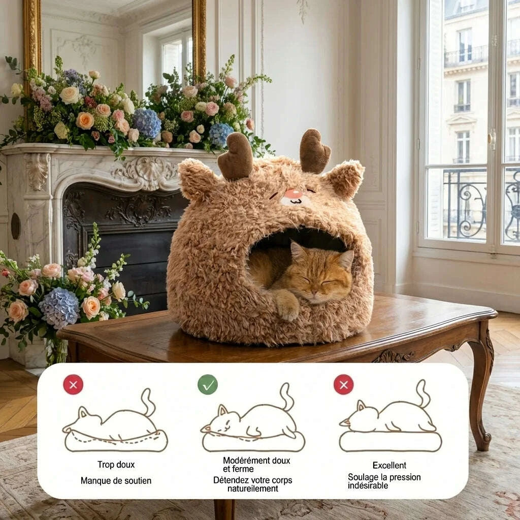 Chat roux endormi dans un abri renne en peluche sur une table basse, avec schéma de fermeté du couchage