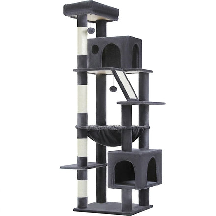 Arbre à chat gris de 180 cm sur fond blanc, avec deux niches, hamac, plateformes et poteaux en sisal