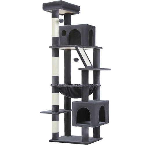 Arbre à chat gris de 180 cm sur fond blanc, avec deux niches, hamac, plateformes et poteaux en sisal
