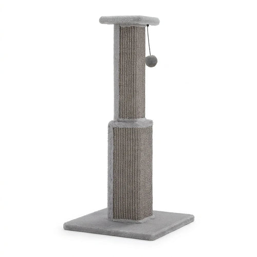 Griffoir sur pied gris à deux colonnes en sisal, plateau supérieur et pompon suspendu, sur fond blanc