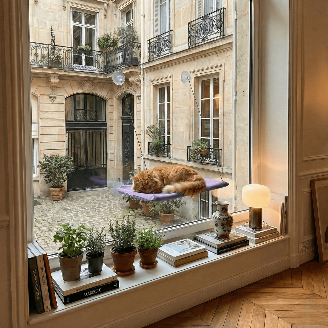 Chat roux à poil long se reposant sur un hamac pour fenêtre lilas, lampe et vase posés sur le rebord