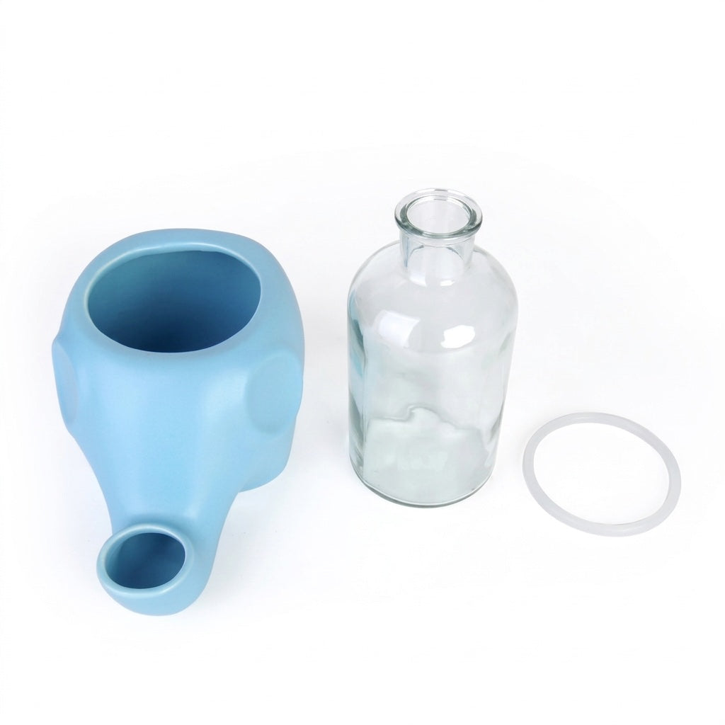 Éléments démontés de la fontaine : socle éléphant bleu, bouteille en verre et joint d'étanchéité blanc, vus de dessus