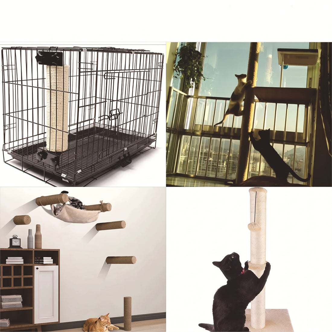 Quatre usages du poteau : cage, balcon avec chats, étagères murales et griffoir sur pied avec chat noir