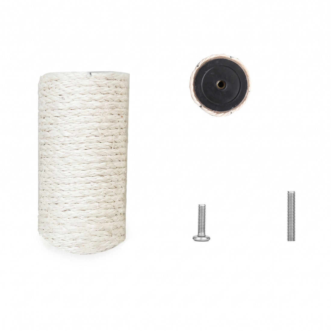 Court poteau en sisal écru avec sa base noire filetée et deux vis de montage métalliques